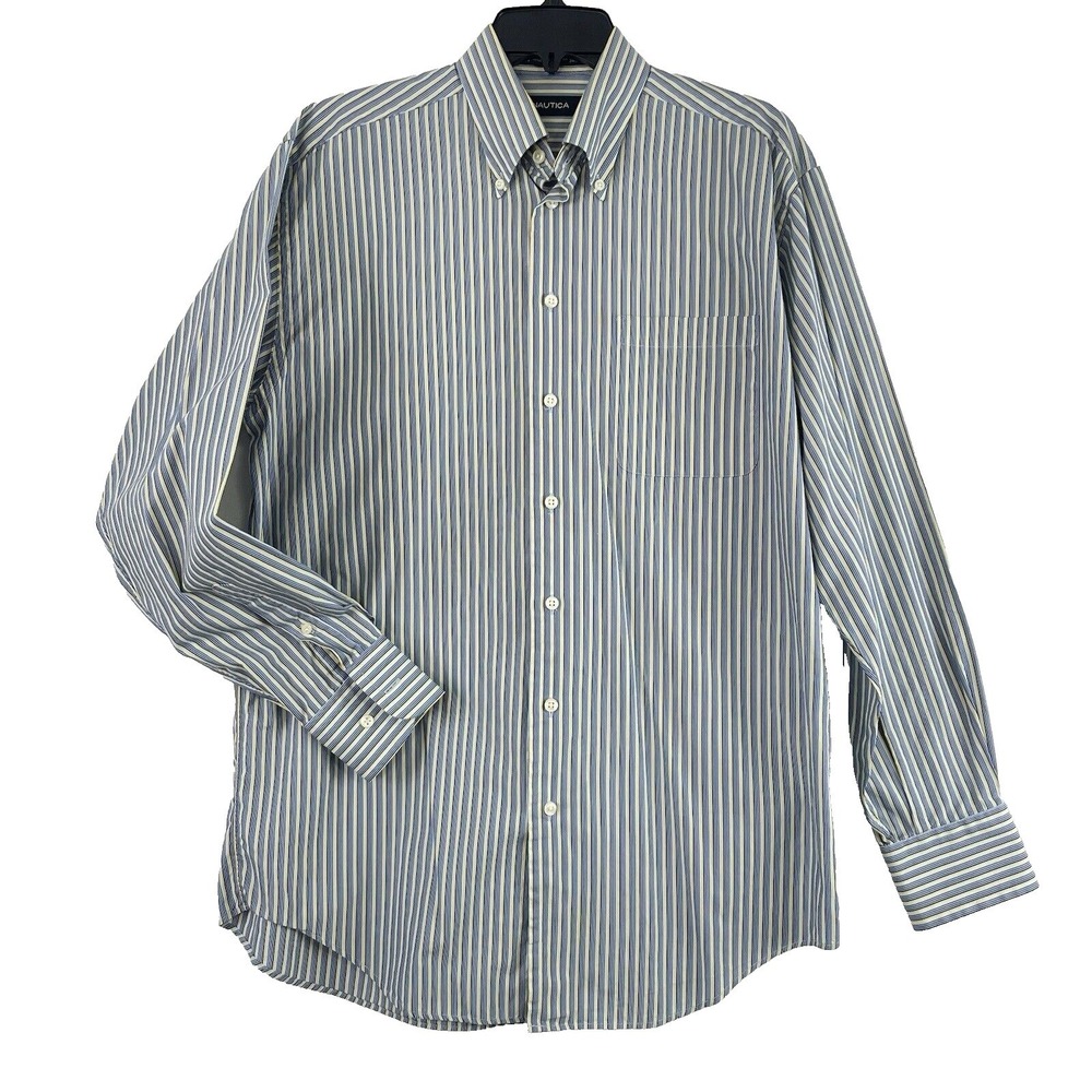Nautica Button Down Shirt Mens 15.5 34/35 Blue Yellow Striped Long Sleeve Cotton